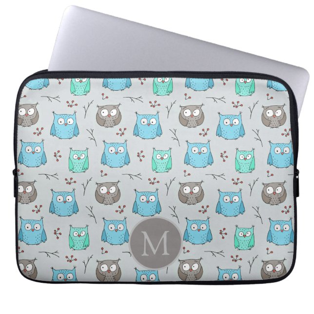 Cute Blue Grey Owl Pattern Monogram Laptop Sleeve (Front)