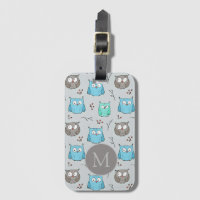 Cute Blue Grey Owl Pattern Monogram