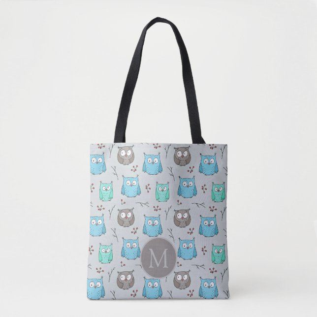 Cute Blue Grey Owl Pattern Monogram Tote Bag (Front)