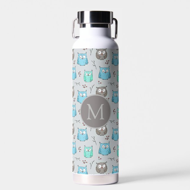 Cute Blue Grey Owl Pattern Monogram Water Bottle (Front)