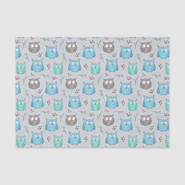 Cute Blue Grey Owl Pattern Tissue Paper (Front)