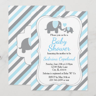 Cute Blue & Grey Stripe Elephant Baby Shower Invitation