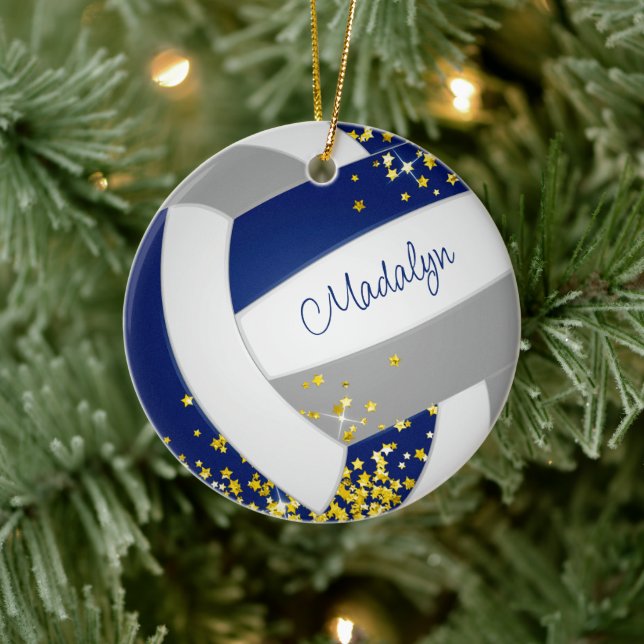 cute blue grey volleyball w gold stars ceramic ornament (Tree)