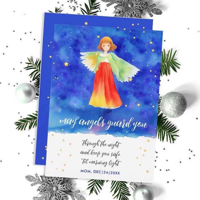 Cute Blue Guardian Angel Faith Art Watercolor Card (Creator Uploaded)