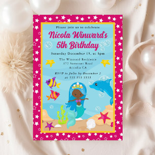 Cute Blue Haired Mermaid Kids Birthday  Invitation