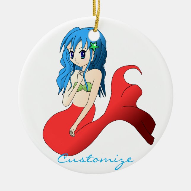 Cute Blue-haired Mermaid Thunder_Cove Ceramic Ornament (Front)