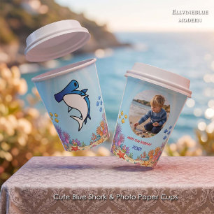 Cute Blue Hammerhead Shark Ocean Birthday Photo  Paper Cups