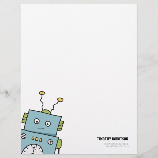 Cute Blue Hand Drawn Robot Letterhead (Front)