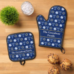 Cute Blue Hanukkah Pattern Personalized Oven Mitt & Pot Holder Set<br><div class="desc">Beautiful Hanukkah oven mitt and pot holder set in pretty blue with a cool pattern of Judaism star,  dreidel for fun Chanukah games,  and the Jewish menorah for a holiday dinner or gathering with your synagogue. Customize this gift for someone in your family.</div>