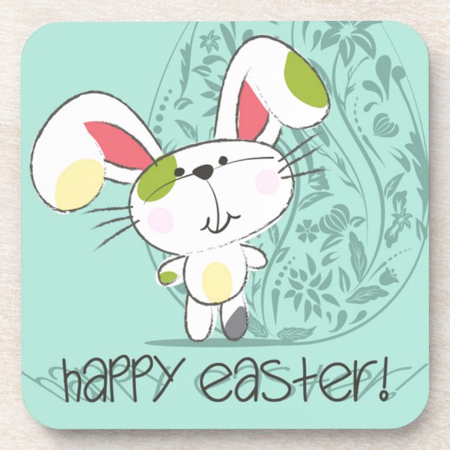 Cute Blue Happy Easter cartoon bunny Coaster (Front)