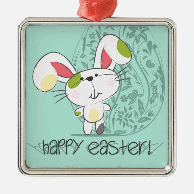 Cute Blue Happy Easter cartoon bunny Metal Ornament (Front)