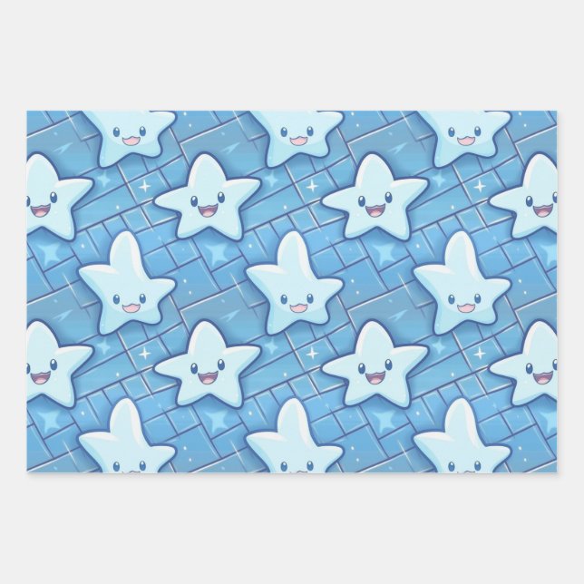 Cute Blue Happy Stars Kids Baby Nursery Pattern Wrapping Paper Sheet (Front)