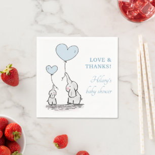 Cute Blue Heart Balloons Boy Elephant Baby Shower Napkin