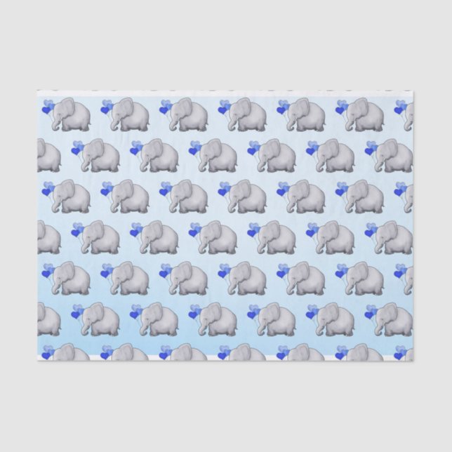 Cute Blue Heart Balloons Elephant Baby Boy Shower Tissue Paper (Front)