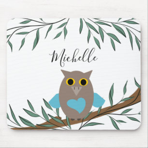 Cute Blue Heart Owl Branch Leaves Name Mouse Pad