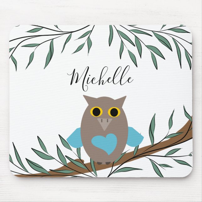 Cute Blue Heart Owl Branch Leaves Name  Mouse Pad (Front)