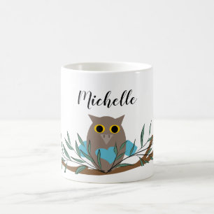 Cute Blue Heart Owl On Branch Personalized Coffee Mug