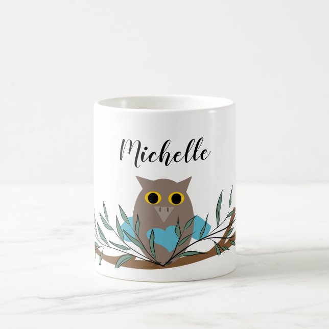 Cute Blue Heart Owl On Branch Personalized  Coffee Mug (Center)