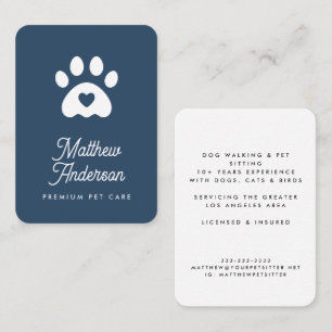 Cute Blue Heart Paw Print Pet Sitter Dog Walker Business Card