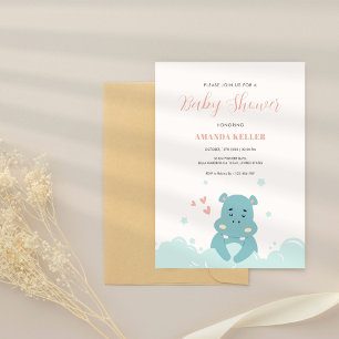 Cute Blue Hippo Baby Shower Invitation