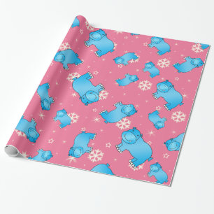 Cute blue hippo christmas pink snowflakes wrapping paper