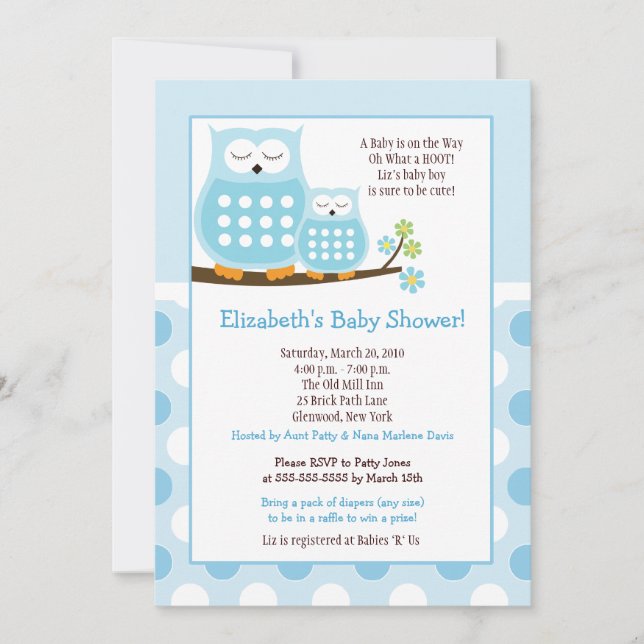 Cute Blue Hoot Owls 5x7 Baby Shower Dot Invite (Front)