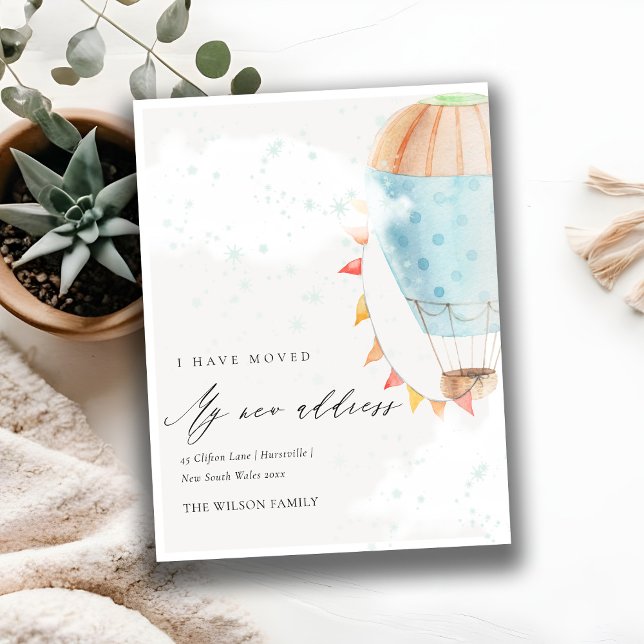 Cute Blue Hot Air Balloon Clouds Star I have Moved Postcard (Creator Uploaded)