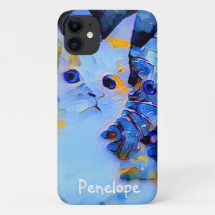 Cute Blue Impressionist Kitten Art with Your Name  iPhone 11 Case