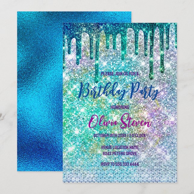 Cute blue iridescent unicorn faux glitter monogram invitation (Front/Back)