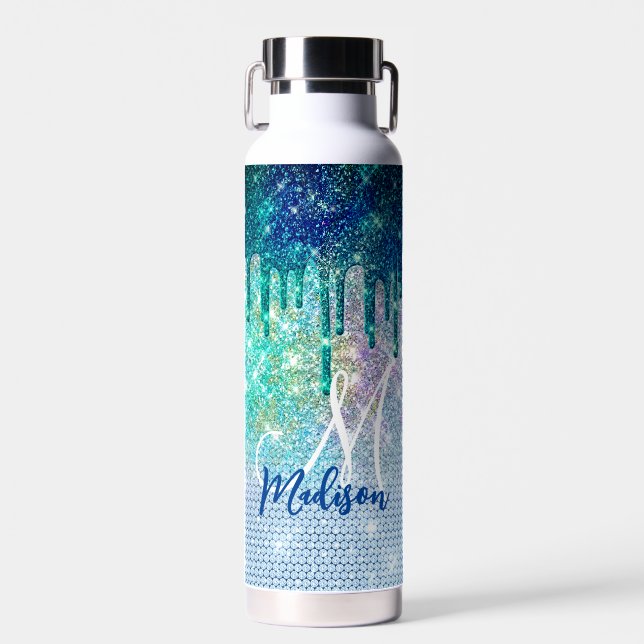 Cute blue iridescent unicorn faux glitter monogram water bottle (Front)