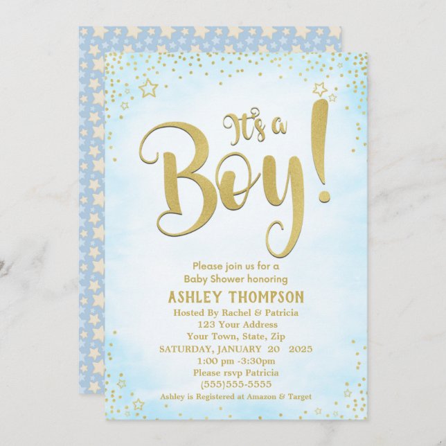 Cute Blue It's a Boy Stars Baby Shower Invitation (Front/Back)