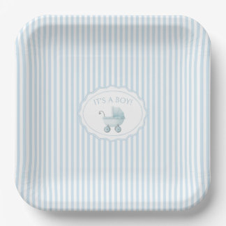 Cute Blue It's a Boy Stroller Baby Shower Paper Plate