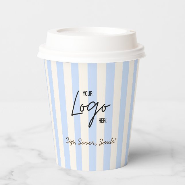 Cute Blue & Ivory Stripes Bakery Cafe Logo Paper Cups (Front)