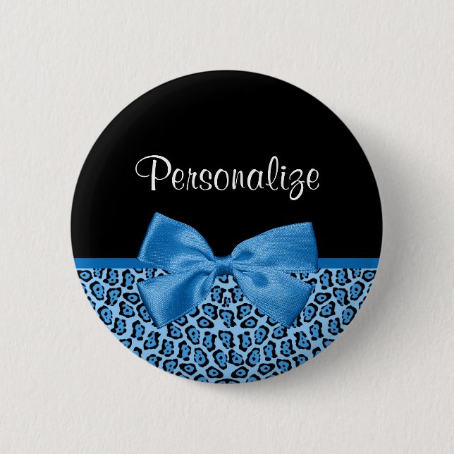 Cute Blue Jaguar Print Bright Blue Ribbon and Name 2 Inch Round Button (Front)