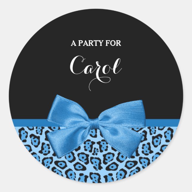 Cute Blue Jaguar Print Bright Blue Ribbon and Name Classic Round Sticker (Front)