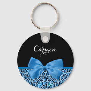 Cute Blue Jaguar Print Bright Blue Ribbon and Name Keychain