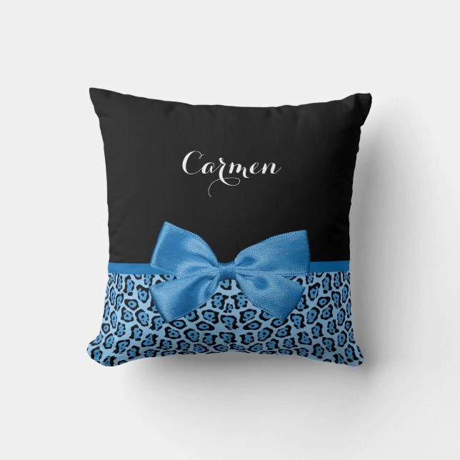 Cute Blue Jaguar Print Bright Blue Ribbon and Name Throw Pillow (Front)