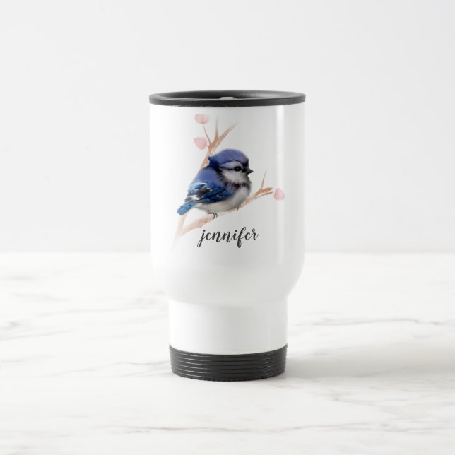 Cute Blue Jay Bird Personalized Travel Mug (Center)