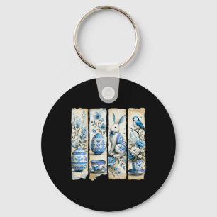 Cute Blue Jay Easter Bunny Eggs Flowers Ripped Pag Keychain