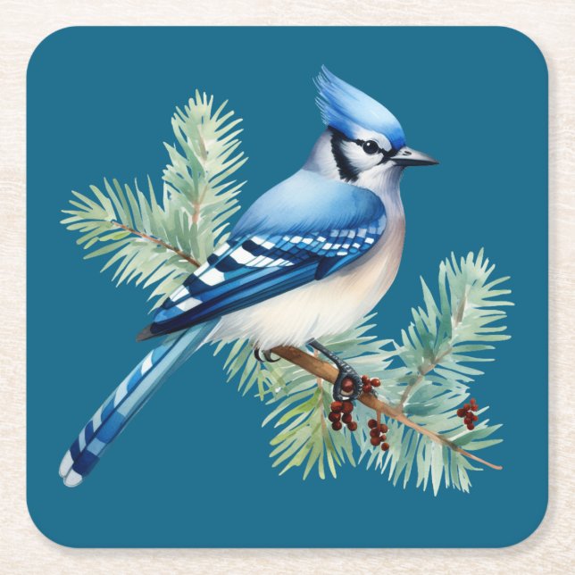 Cute Blue Jay Square Paper Coaster (Front)