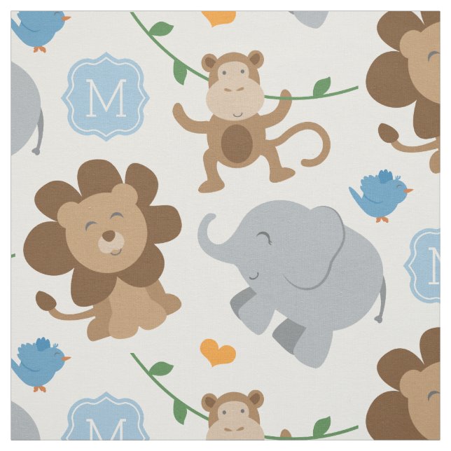 Cute Blue Jungle Animals Baby Boy Custom Monogram Fabric (Swatch)