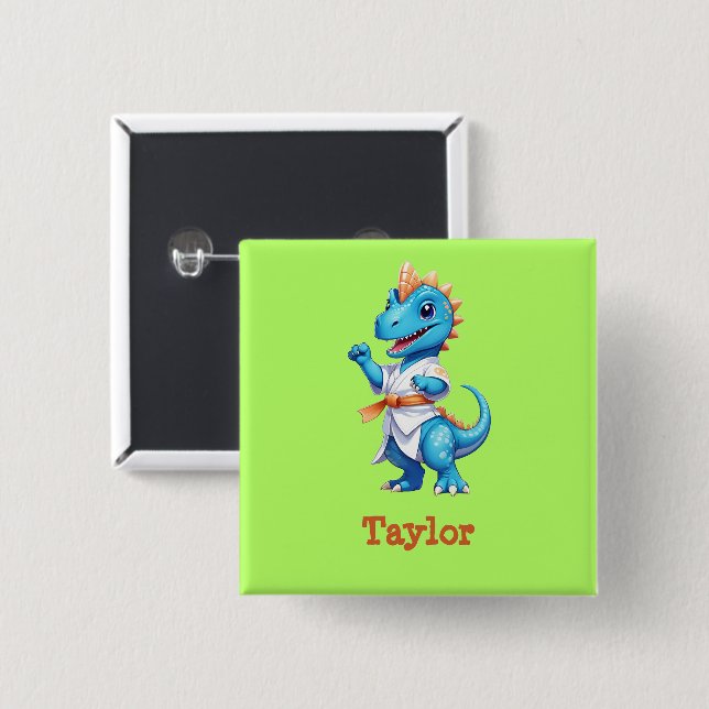 Cute blue karate dinosaur 2 inch square button (Front & Back)