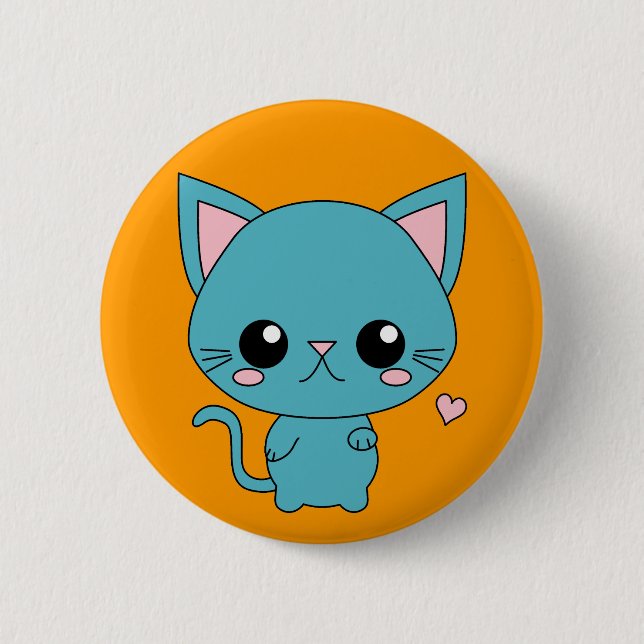 Cute Blue Kawaii Cat 2 Inch Round Button (Front)