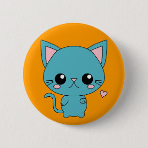 Cute Blue Kawaii Cat 2 Inch Round Button