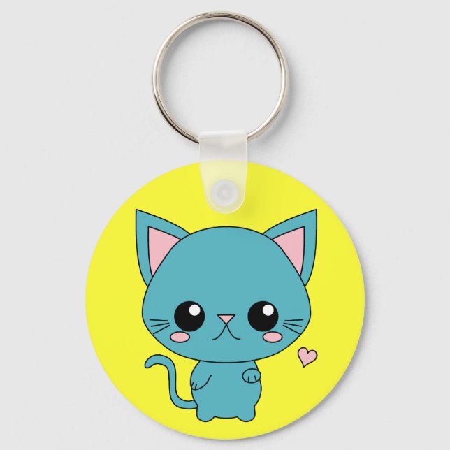 Cute Blue Kawaii Cat Keychain (Front)