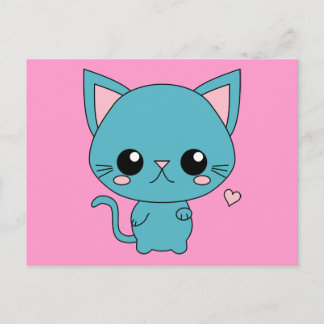 Cute Blue Kawaii Cat Postcard