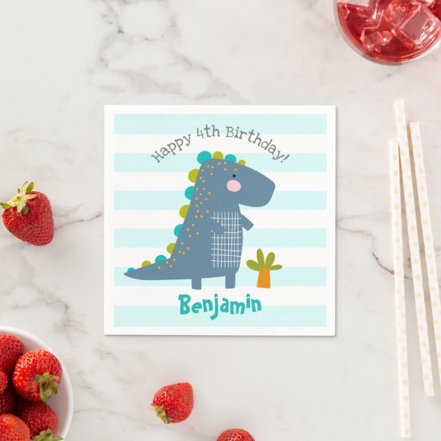 Cute Blue Kawaii Dinosaur Boy Birthday Name Fun Napkin (Insitu)