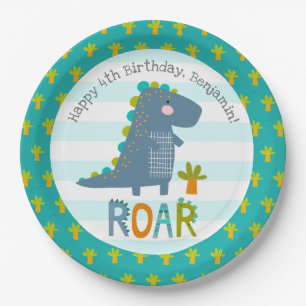 Cute Blue Kawaii Dinosaur Roar Boy Birthday Name Paper Plate