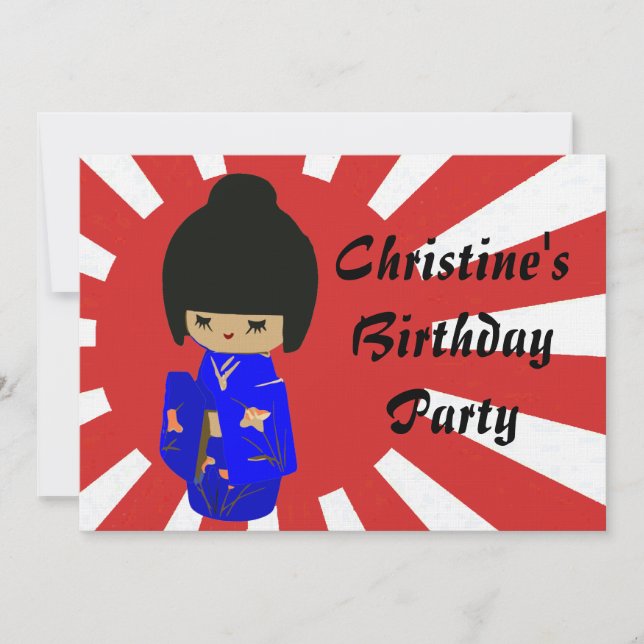Cute Blue  Kawaii Kokeshi Doll Birthday Invitation (Front)