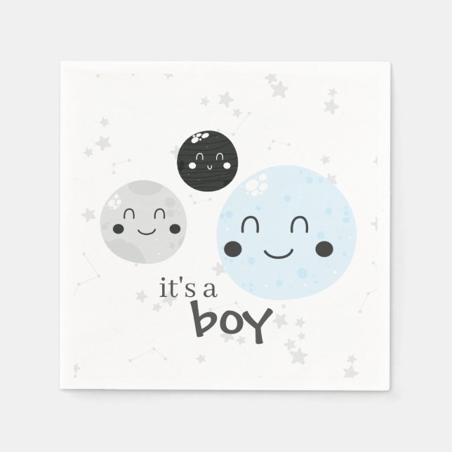 Cute Blue Kawaii Planet and Moons Baby Shower Napkin (Front)